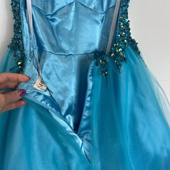 Sherri Hill Dress sz 4 Turquoise blue Sequins V Neck Mini Tulle Open Back Short - Picture 10 of 16